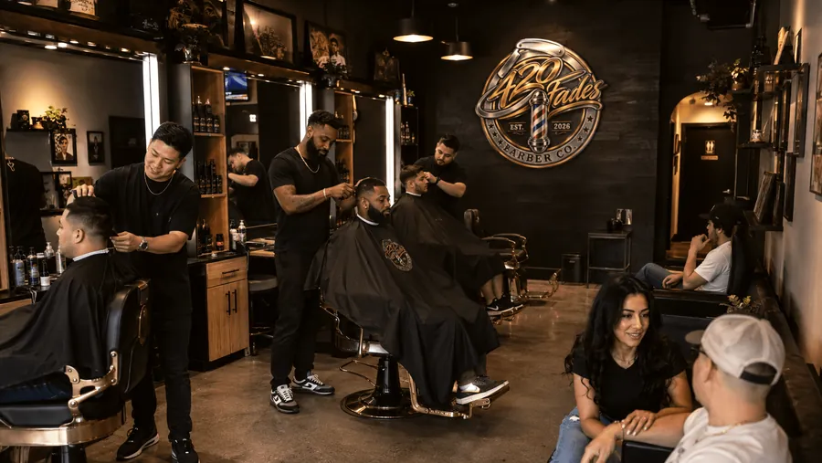 The floor at 420 Fades: barbers working under warm mirror lighting with the shop logo on the back wall.