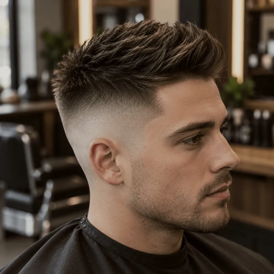 Side profile of a finished textured crop with a clean skin fade.